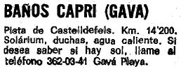 Breve anuncio del restaurante-balneario Capri de Gav� Mar publicado en el diario La Vanguardia el 15 de Mayo de 1974 dentro de la secci�n Restaurantes recomendados